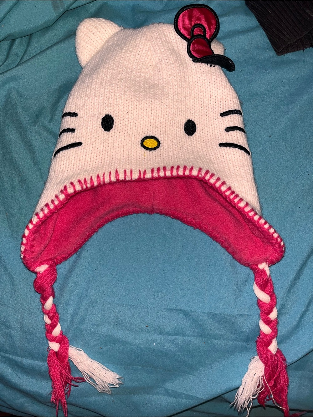 **3 for $12 Hello Kitty Pink and White Knit Earflap Hat w/ Braided tassels